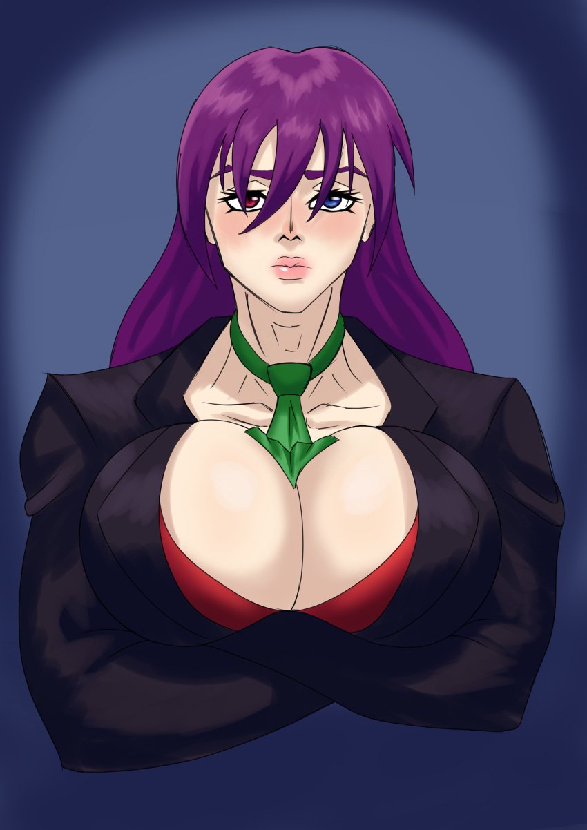 1girls arms_crossed arms_folded arms_under_breasts barthone blue_eyes business_suit business_woman green_tie heterochromia huge_breasts large_breasts purple_hair red_bra red_eyes sujin_lee the_god_of_highschool thick_lips tie visible_underwear