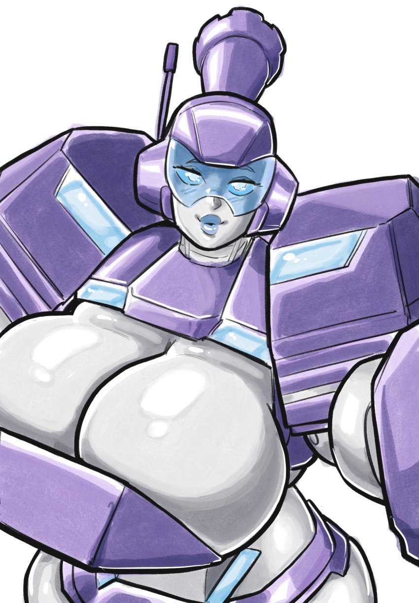 1girls big_breasts blue_lipstick breasts busty donut_doodles grey_skin hashtag_(transformers) huge_breasts robot robot_girl robot_humanoid solo solo_female transformers transformers_earthspark