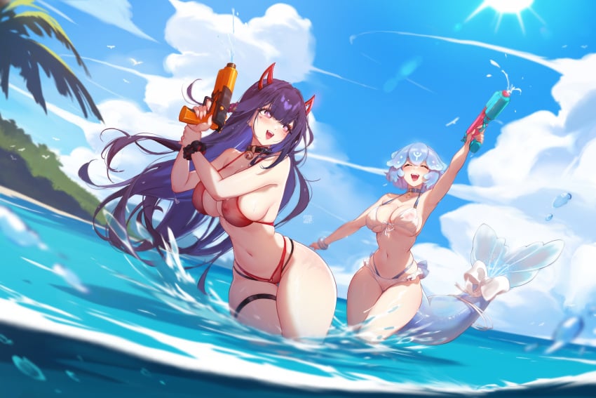 2024 2d 2d_(artwork) 2girls :d absurd_res akuma_nihmune armpits bangs bao_(vtuber) beach bikini black_bikini blue_hair blue_sky breasts choker cleavage cloud day gun hair_ornament highleg highleg_bikini holding holding_weapon horns indie_virtual_youtuber large_breasts long_hair looking_at_viewer mitsu_art multiple_girls navel ocean open_mouth outdoors palm_tree purple_eyes purple_hair red_bikini skindentation sky smile standing stomach string_bikini swimsuit thigh_strap tree very_long_hair wading water water_gun weapon white_bikini