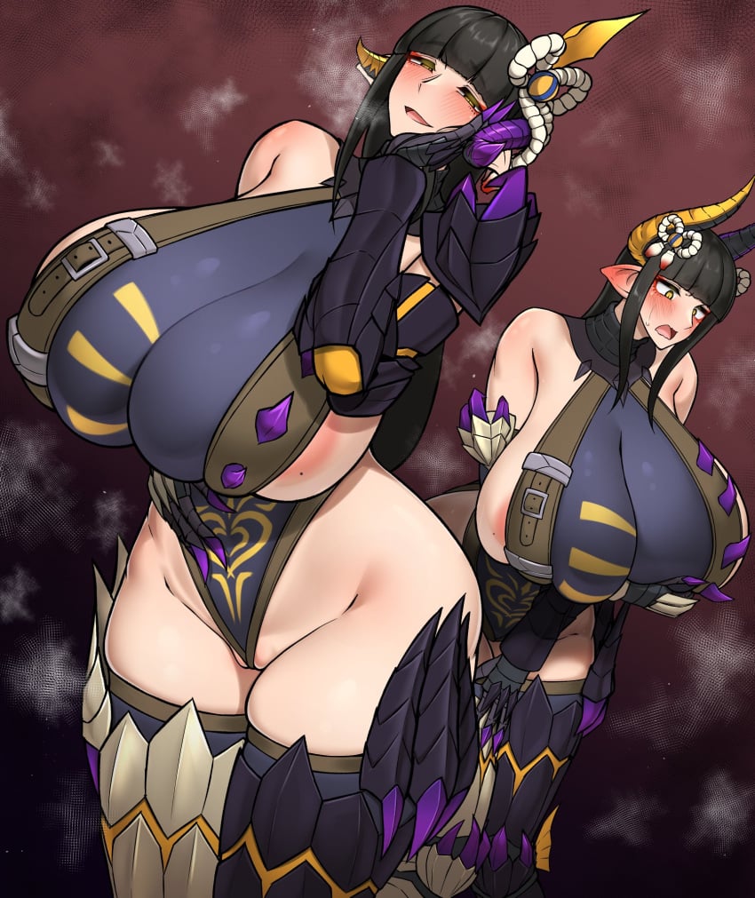 2girls alternate_breast_size armpits big_ass big_breasts black_hair blush breasts breasts_bigger_than_head clothed clothing cosplay female female_focus female_only gigantic_breasts gorio gorio4288 hand_on_own_face hime_cut hinoa long_hair looking_at_viewer massive_breasts minoto monster_hunter monster_hunter_rise nose_blush pointy_ears wyverian