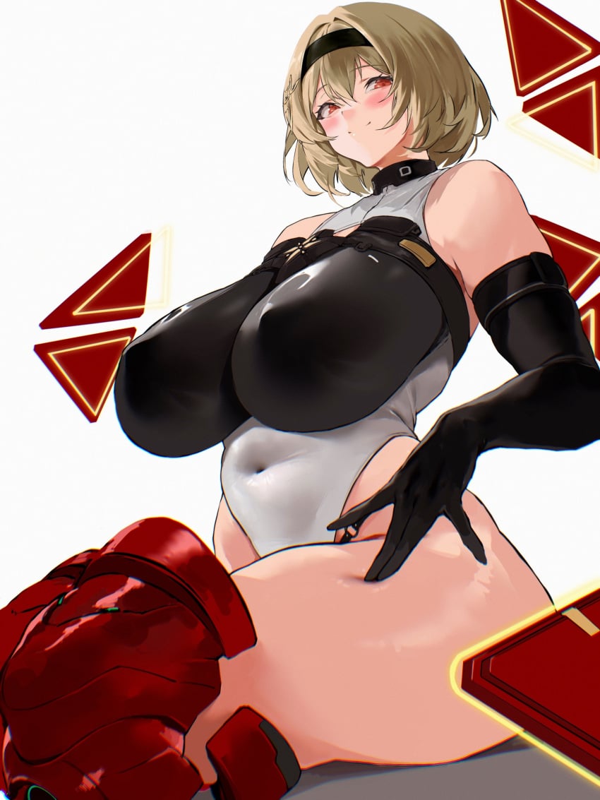 armored_boots ass bare_shoulders belly black_gloves black_hairband blonde_hair blush boots breasts brown_eyes covered_erect_nipples cowboy_shot elbow_gloves female gloves goddess_of_victory:_nikke hair_between_eyes hair_ornament hairband highres huge_ass large_breasts leotard light_smile looking_at_viewer medium_hair navel red_footwear red_shoes_(nikke) rowkiba simple_background sitting solo thick_thighs thighs white_leotard