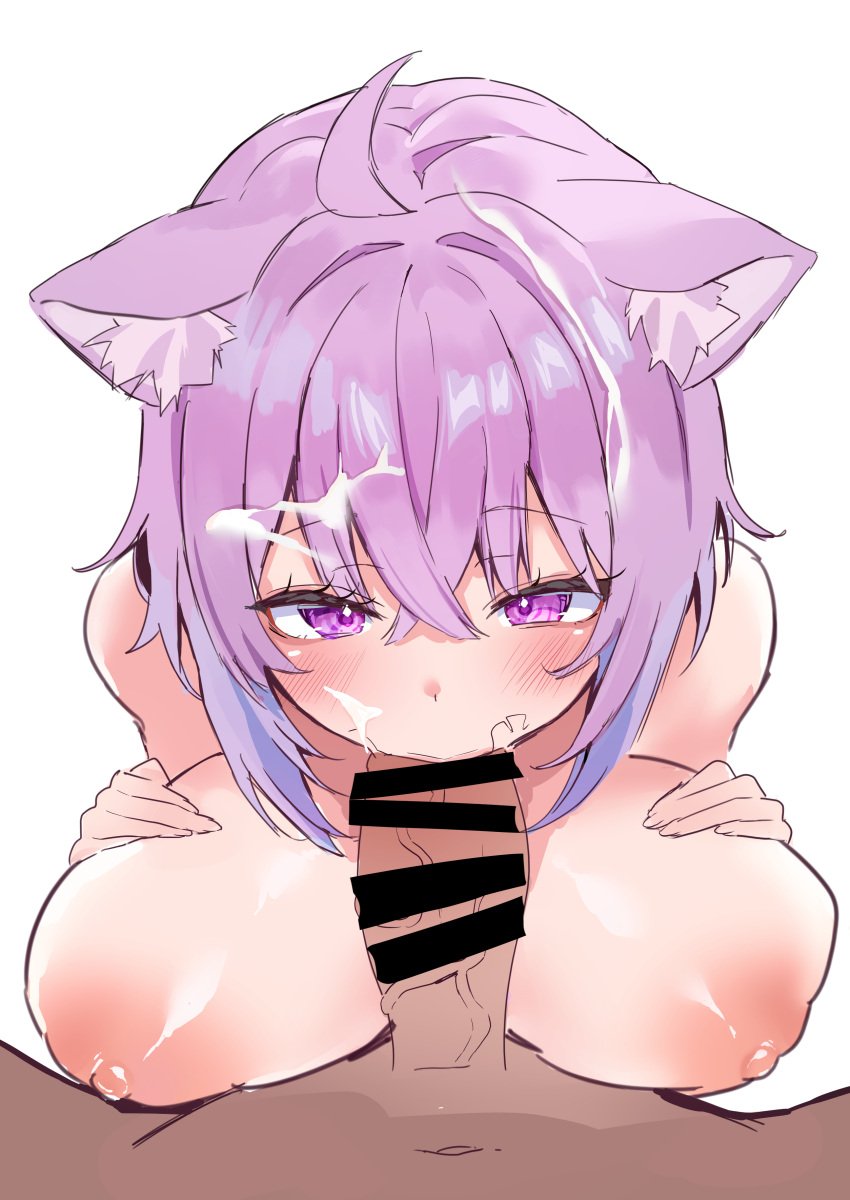 1boy 1girls absurdres ahoge animal_ear_fluff animal_ears bar_censor blush breasts cat_ears cat_girl censored commentary completely_nude cum cum_on_body cum_on_hair dark-skinned_male dark_skin facial fellatio female hair_between_eyes hands_on_own_breasts highres hololive hololive_gamers hololive_japan huge_breasts light-skinned_female light_skin male_pov medium_hair nakano_kura nekomata_okayu nipples nude oral panyso_96 penis pink_eyes pov simple_background solo_focus stray_pubic_hair veins veiny_penis virtual_youtuber white_background