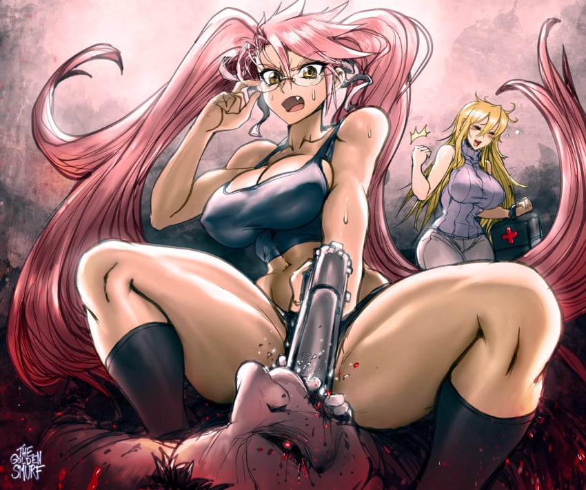 2girls action_pose amber_eyes art blonde_hair blush detailed_background drunk erect_nipples_under_clothes female female_focus glasses gun hi_res highschool_of_the_dead hotd long_hair mature_female oerba_yun_fang pink_hair saya_takagi shizuka_marikawa sitting sitting_on_person sweat sweater tank_top thegoldensmurf thick_thighs tsundere twintails wallpaper zombie zondere