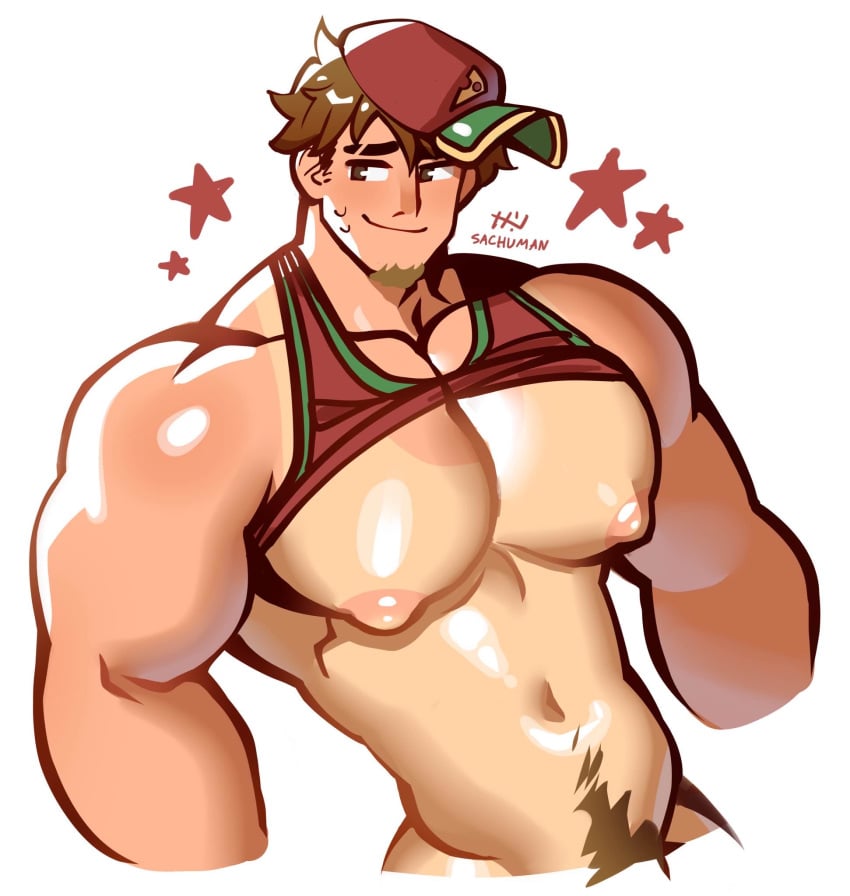 bara biceps big_chest big_pecs brown_eyes brown_hair gay happy_trail huge_chest huge_pecs lifting_shirt male male_only muscular muscular_male nipples puffy_nipples sachuman sweatdrop tight_clothing