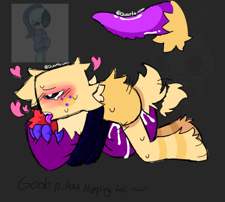 blush body_pillow crying cumming goob_(dandy's_world) hearts_around_head hearts_in_eyes pillow_humping purple_tongue tail tail_wagging tan_fur