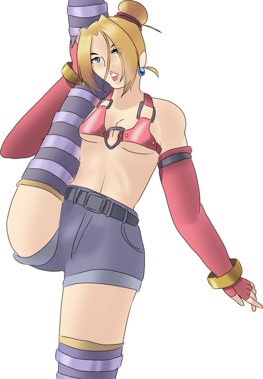 1femboy 2d 2d_(artwork) blonde_hair bloody_roar blue_eyes boots bracelet denim_shorts ear_piercing effeminate femboy fingerless_gloves fox_(bloody_roar) hair_bun hans_taubemann jean_shorts male_focus male_only midriff pink_bra pink_gloves short_shorts solo_male spreading stretching stretching_legs