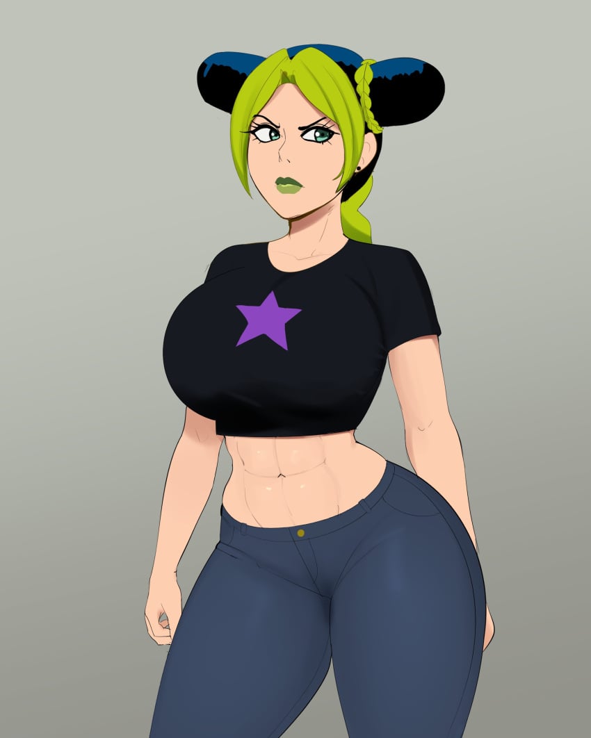 1female 1girls abs g3mma green_hair jojo's_bizarre_adventure jolyne_kujo multicolored_hair tagme two_tone_hair voluptuous