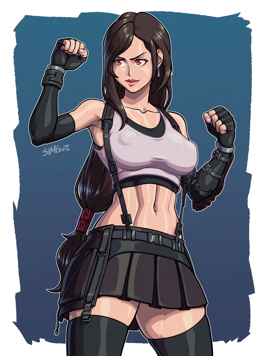 big_breasts black_hair clothed erect_nipples final_fantasy_vii midriff red_eyes simgart tifa_lockhart