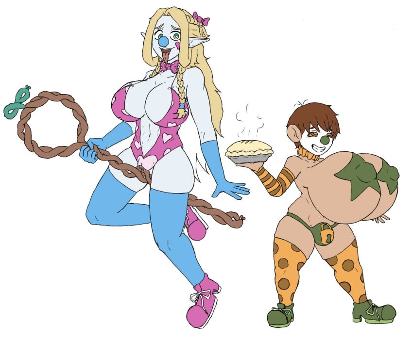 ahe_gao artist_request bklo blonde_hair bow bow_tie braid brown_hair bulge chilchuck_tims clothed_exposure clown clown_girl collarbone crotch_cutout delicious_in_dungeon erect_nipples_under_clothes eye_roll face_paint femsub food futanari futasub gloves green_eyes happy_trance huge_breasts hyper_breasts long_hair looking_at_viewer marcille_donato multiple_subs navel null_bulge open_mouth pasties pussy rule_63 shoes short_hair shortstack simple_background smile source_request staff standing star_pasties thighhighs thong tongue tongue_out transformation white_background white_skin