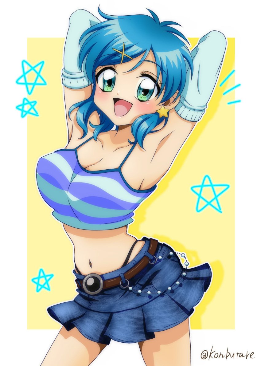 1girls belted_skirt big_breasts blue_eyes blue_hair breasts denim_skirt earrings hanon_hosho houshou_hanon konbutare large_boobs large_breasts large_tits mermaid_melody_pichi_pichi_pitch short_hair short_skirt skirt solo_female star_earrings wholesome young younger_female