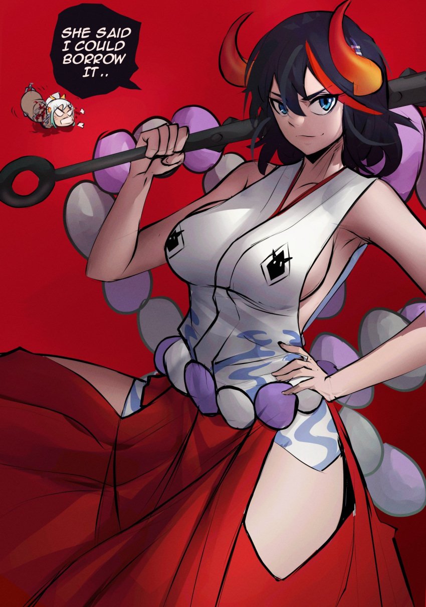 2d 2girls angry anime big_breasts black_hair blue_eyes breasts clothed clothed_female cosplay crossover english_text female female_focus female_only foonie_xd fusion horn horns kill_la_kill large_breasts looking_at_viewer matoi_ryuuko melee_weapon multiple_girls one_piece oni oni_female sideboob solo text weapon yamato_(one_piece) yamato_(one_piece)_(cosplay)