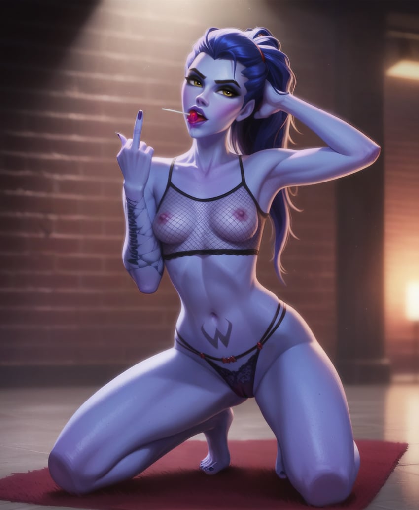 ai_generated breasts erect_nipples fishnet fishnet_topwear fit_female imminent_oral lace lace_panties lingerie lollipop lollipop_in_mouth looking_at_viewer middle_finger overwatch panties ponytail posing ragen ragen_nsfw seductive seductive_look seductive_pose socks teasing teasing_viewer tiptoes widowmaker