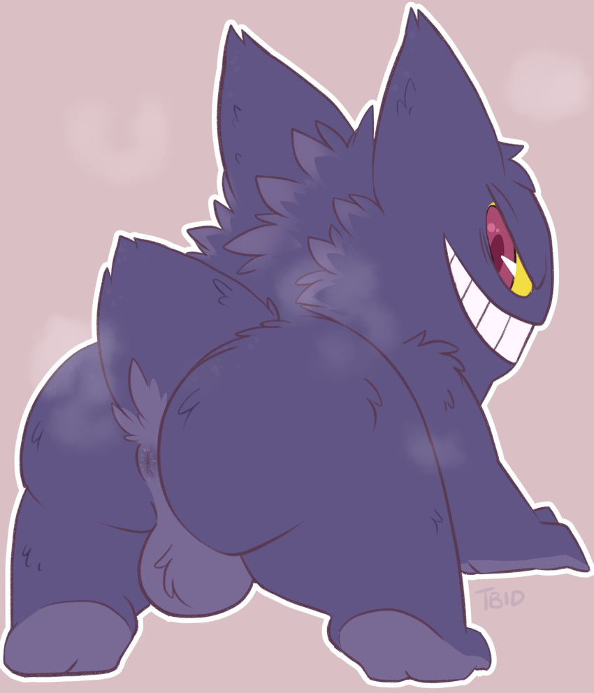 anthro anus ass backsack balls fluffy fur gengar genitals grin hi_res looking_at_viewer looking_back male male_only nintendo pokémon_(species) pokemon presenting presenting_anus purple_body purple_fur red_eyes smile solo steam tbid video_games yellow_sclera