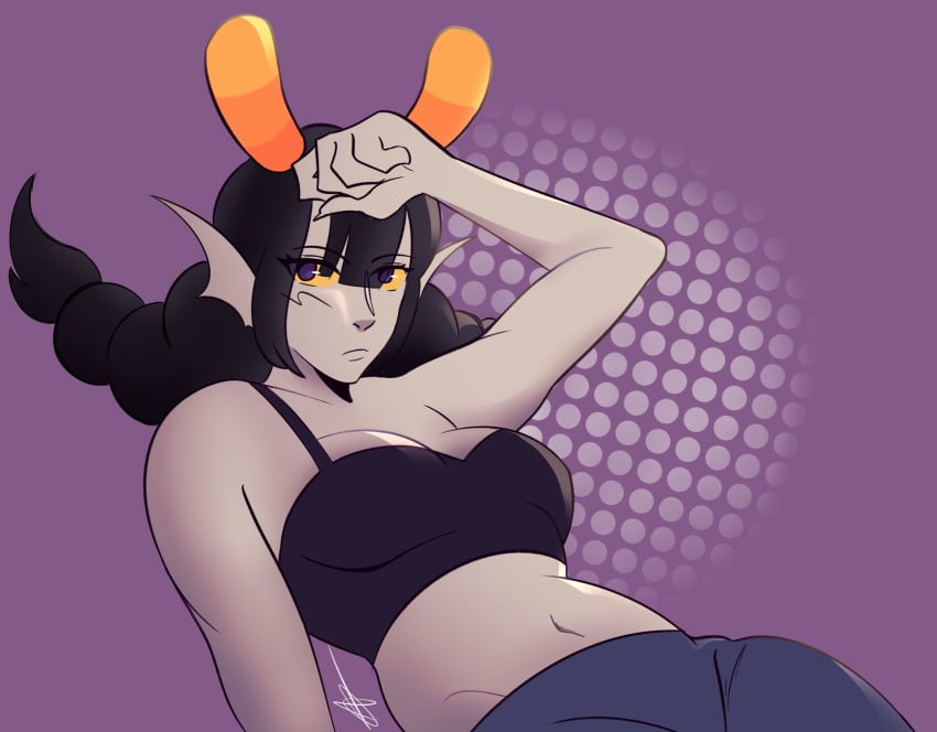 1girls alien alien_humanoid allieoool black_hair clothed clothed_female color colored female female female_focus female_only fin fins full_color grey_skin grey_skin homestuck homestuck_troll horn horns humanoid humanoid_alien looking_at_viewer midriff midriff_baring_shirt original_character sfw solo solo_female tank_top troll