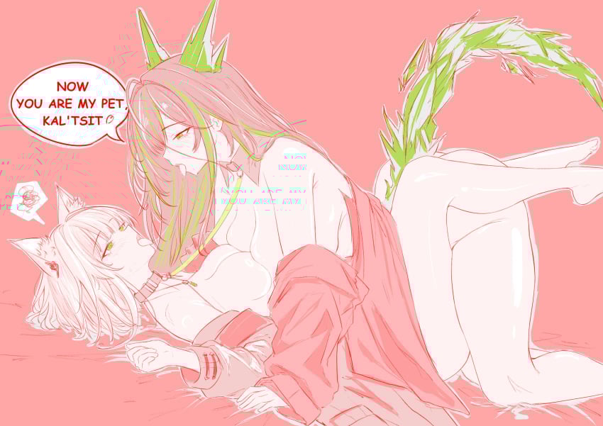 2girls arknights breast_press breasts collar female female_only kal&#039;tsit_(arknights) kissing leash_and_collar leashed_together mon3tr_(arknights) nude saliva_trail selfcest sketch tail thighs yuri