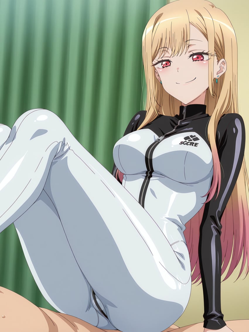 ai_generated ass big_breasts blonde_female blonde_hair blonde_hair_female blush blush_lines blushing_at_viewer blushing_female body_suit bodysuit breasts ear_piercing ear_ring earring earrings female femdom jewelry kitagawa_marin latex latex_bodysuit latex_clothing latex_suit multicolored_hair naughty naughty_face naughty_smile red_eyes skin_tight skintight smug smug_expression smug_eyes smug_face smug_grin smug_smile sono_bisque_doll_wa_koi_wo_suru thick_ass thick_thighs thighs zipper