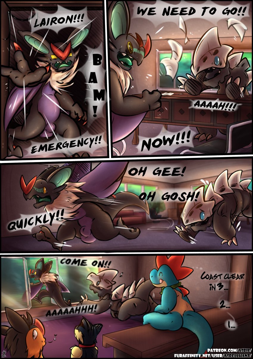 2021 absurdres animal_genitalia anthro asbel_lhant_(artist) claws closed_eyes comic conditional_dnp croconaw croconaw_(asbel_lhant) desk detailed_background dialogue door_slam english_text feral fur furniture furry genitals group highres lairon lairon_(asbel_lhant) male meme nintendo noivern noivern_(asbel_lhant) nude office open_mouth pignite pignite_(asbel_lhant) pokemon pokemon_(species) pokemon_mystery_dungeon quilava quilava_(asbel_lhant) running screaming sheath surprise surprised_expression testicles text url yellow_eyes