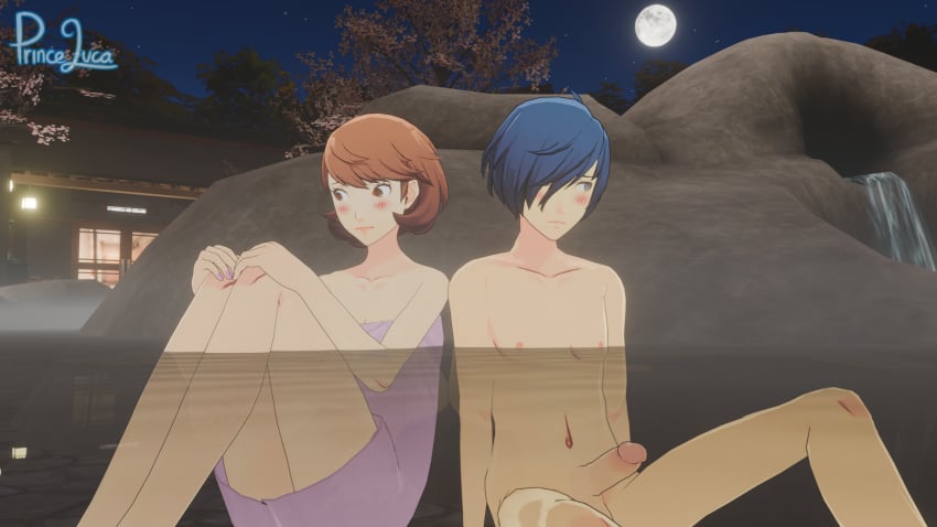 1boy 1girls artist_name atlus blush cfnm clothed_female_nude_male erect_penis erection female hot_spring hotsprings in_water looking_away makoto_yuki male megami_tensei naked night night_sky nude only_one_clothed only_one_naked only_one_nude penis penis_out persona persona_3 persona_3_reload princeluca sega water yukari_takeba