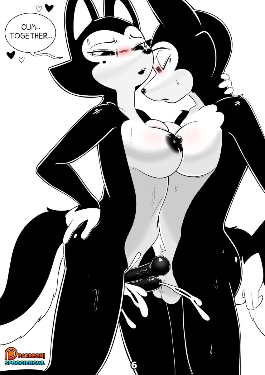 2025 animal_genitalia anthro balls big_breasts black_and_white black_body black_eyes black_fur black_nose black_penis blush bodily_fluids breasts canid canine canine_genitalia canis cum digital_media_(artwork) duo english_text erection fingers frottage fur futanari genital_fluids genitals grinding gynomorph heart_symbol hi_res intersex intersex/intersex knot line_art mammal monochrome nipples nude open_mouth orgasm penile penis selfcest sex simple_background spoogie_(spoogiehowl) spoogiehowl square_crossover tail text white_body white_fur wolf
