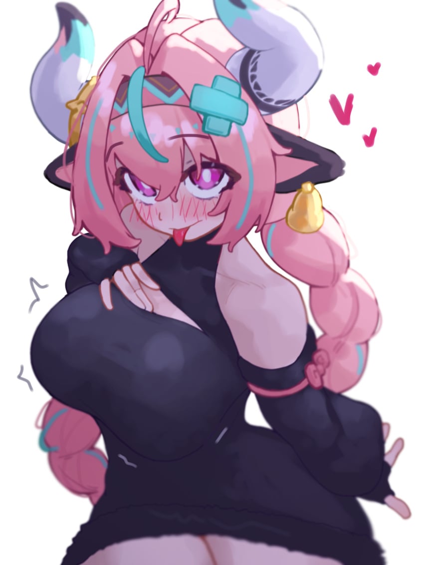 1girls big_breasts big_butt black_outfit cow_girl female female_only genshin_impact horns hoyoverse long_hair pink_hair purple_eyes simple_background solo thick_thighs varesa_(genshin_impact) ysan