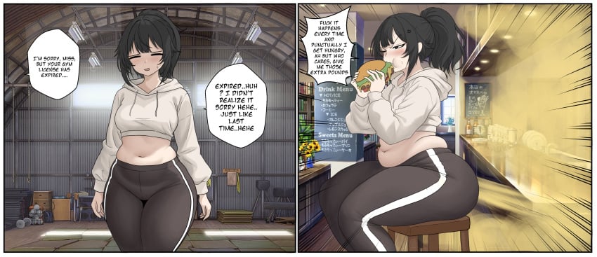 1girls chubby chubby_female dialogue fart female female_only horizontal_navel huge_ass jun- sitting solo solo_female text weight_gain weight_gain_sequence wide_hips