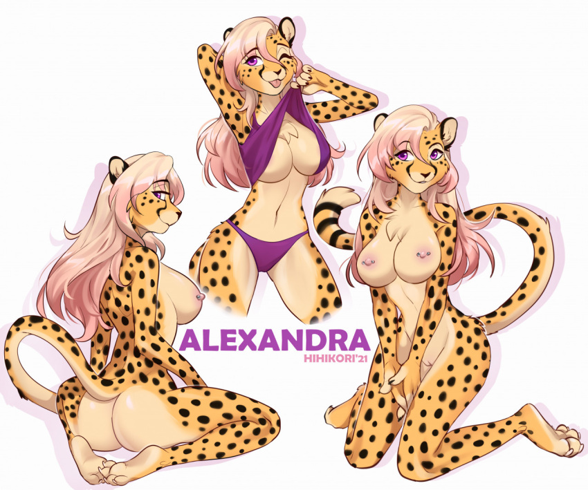 2021 alexandra_(velocitycat) anthro areola breasts cheetah clothed clothing eyebrows eyelashes felid feline female fur genitals hair hihikori mammal multicolored_body multicolored_fur nipple_piercing nipples nude panties piercing purple_eyes pussy simple_background smile spots spotted_body spotted_fur tongue tongue_out underwear