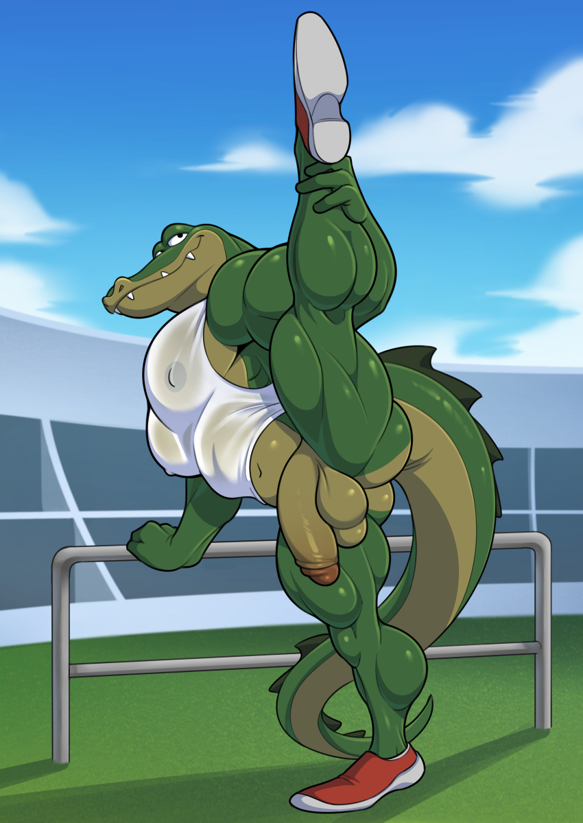 1boy absurd_res alligator alligatorid analon_(artist) animalympics anthro bolt_jenkins bottomless clothed clothing crocodile crocodilian crocodylid erection flexible footwear genitals hi_res humanoid_genitalia humanoid_penis male male_only muscular muscular_male one_leg_up pecs penis raised_leg reptile scalie shirt shoes solo splits spread_legs spreading standing stretching tank_top toomanyboners topwear translucent translucent_clothing vertical_splits