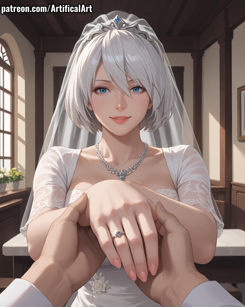 1girls ai_generated artifical_art blue_eyes breasts bridal_tiara bridal_veil bride engagement_ring female hair_ornament looking_at_viewer medium_breasts nier:_automata perfect_body short_hair wedding wedding_dress wedding_tiara wedding_veil white_hair yorha_2b