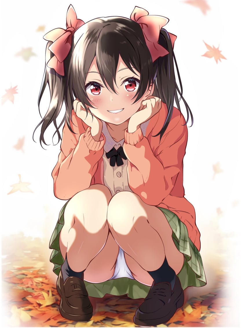1girls ass autumn autumn_leaves black_hair black_socks blush borgbutler brown_shoes buttons collared_shirt commentary female grin hair_between_eyes highres leaf long_hair looking_at_viewer love_live! love_live!_school_idol_project maple_leaf panties red_eyes shirt shoes sidelighting smile socks solo squatting underwear white_panties white_shirt yazawa_nico