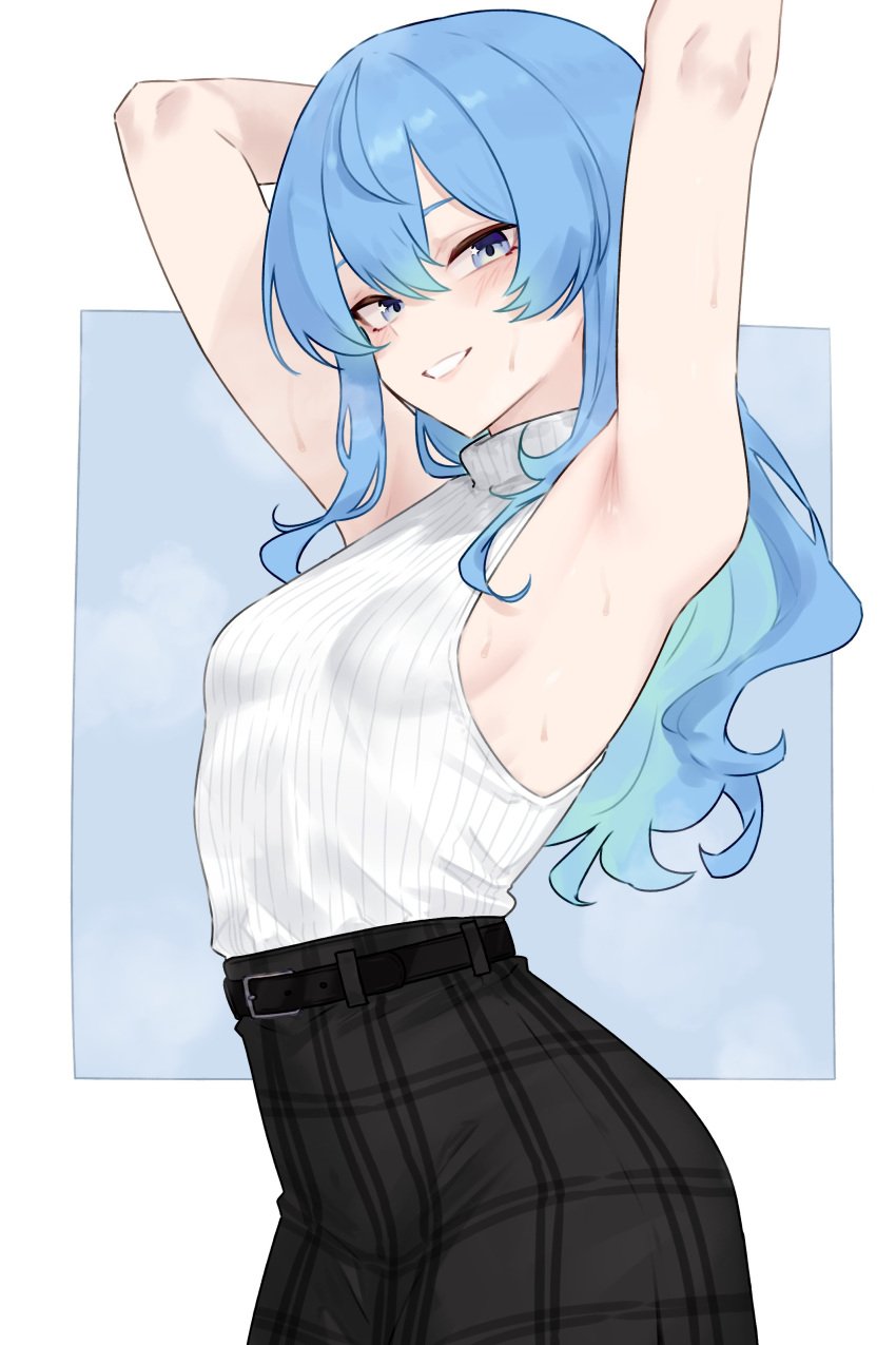 1girls armpit_fetish armpits arms_up blue_eyes blue_hair bluefield breasts clothed female hololive hololive_gen_0 hololive_japan hoshimachi_suisei looking_at_viewer sideboob small_breasts solo sweat sweaty virtual_youtuber