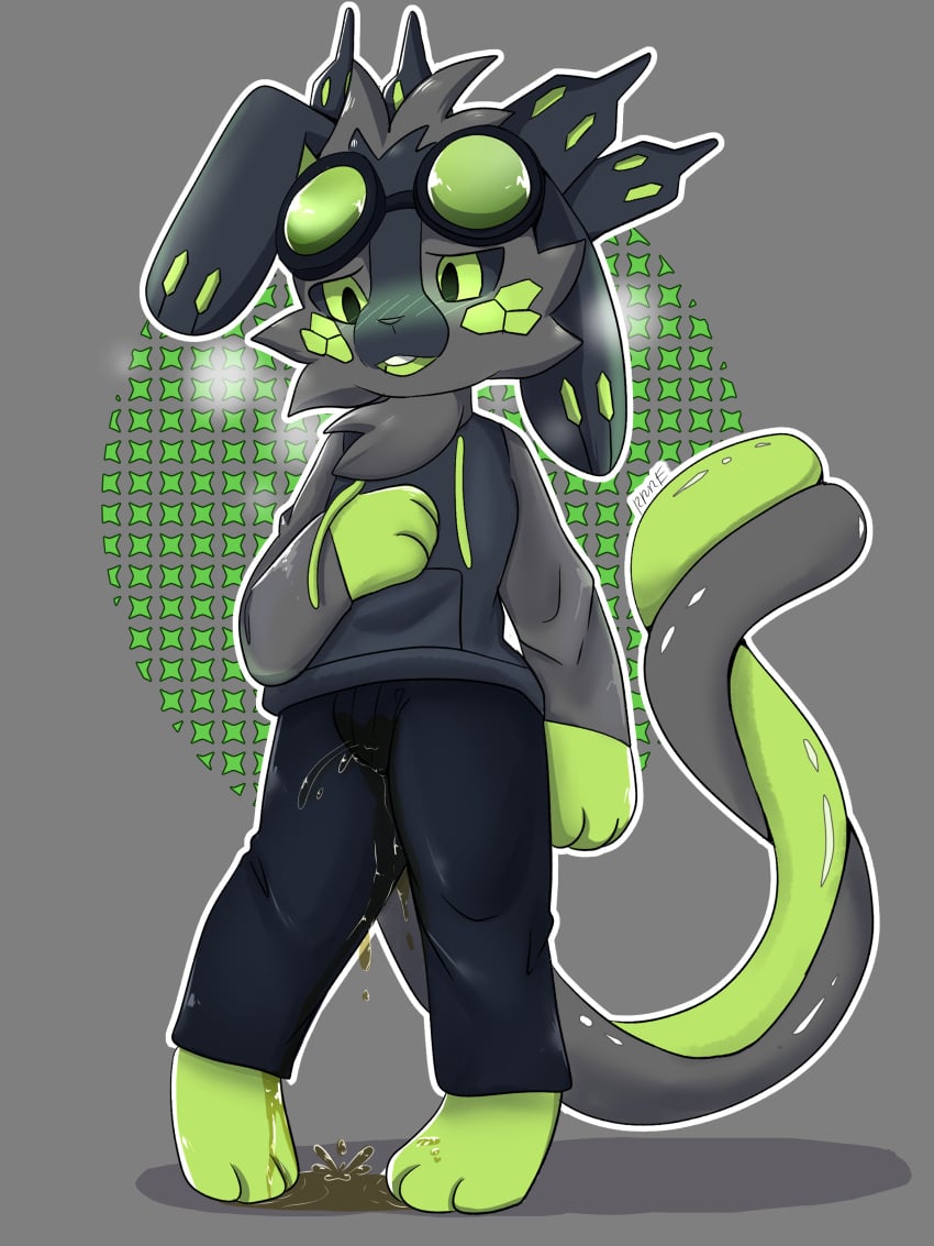 3:4 absurd_res ambiguous_gender anthro blush bodily_fluids bottomwear clothing digital_media_(artwork) eyewear fur genital_fluids goggles green_body green_eyes green_fur hi_res hoodie hybrid lagomorph male mammal nintendo omorashi open_mouth pants peeing perogi_(kojondian) pokéfusion pokémon raboot raveneevee simple_background smile solo standing topwear urine video_games watersports wetting zygarde