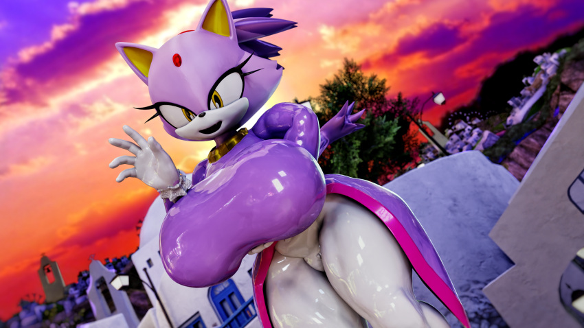 16:9 3d 3d_(artwork) big_breasts blaze_the_cat blender_(software) breasts clothing domestic_cat dress felid feline felis female female_focus gesture hi_res huge_breasts latex_dress mammal outside palisal public rubber sega solo sonic_(series) sonic_the_hedgehog_(series) thick_thighs waving widescreen