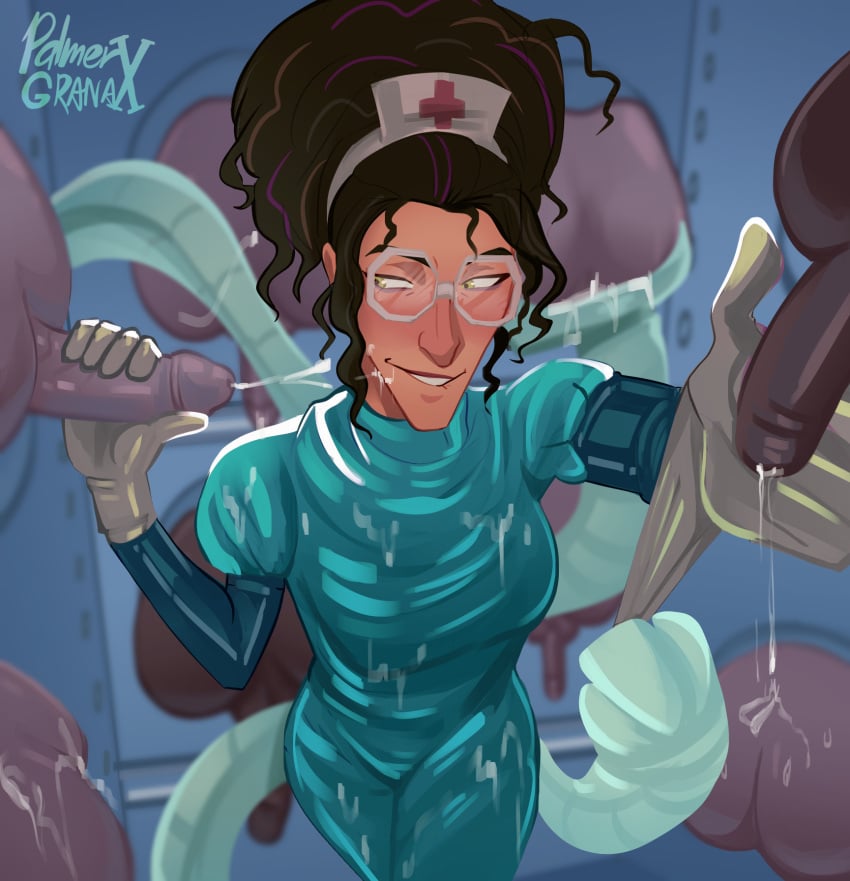 1girls adjusting_gloves biting_lip biting_own_lip cum_on_face female gloves latex_clothing marvel marvel_comics milking_handjob nurse olivia_octavius palmergranate sony_pictures_animation spider-man:_into_the_spider-verse spider-man_(series) surgeon tagme tentacle_on_male