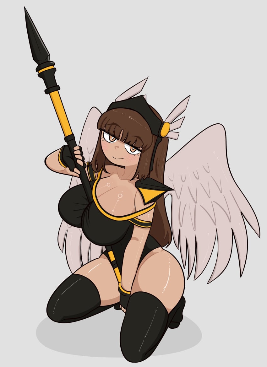 1girls 2025 angel_wings bangs big_breasts black_clothing black_gloves black_leotard black_thighhighs blackvalk blush breasts brown_hair cleavage clothing commission eyebrows_visible_through_hair feet female female_only fingerless_gloves gloves headwear holding_weapon leotard long_hair looking_at_viewer orange_eyes pale-skinned_female pale_skin penismaster48 roblox roblox_game robloxian shoulder_pad simple_background smile solid_color_background solo spear squatting thick_thighs thighhighs thighs valkyrie_(world_tower_defense) valkyrie_helm weapon white_background white_wings wings world_tower_defense yellow_accents