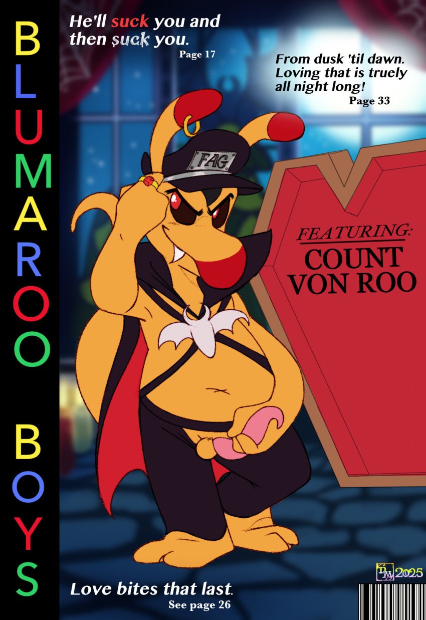 anthro blumaroo cape chaps clothing coffin count_von_roo cover doronkomajo ear_piercing hi_res magazine_cover male neopet_(species) neopets piercing ring solo vampire