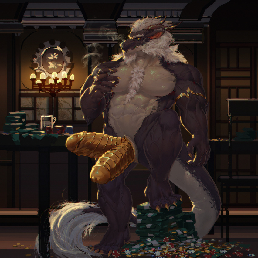 1:1 adios_(pixiv) anthro asian_mythology beard big_penis body_hair bulge casino chest_hair cigar clothing diphallia diphallism dragon east_asian_mythology eastern_dragon erection facial_hair gambling genitals hi_res male male_only motse multi_genitalia multi_penis musclegut muscular mythology penis smoking solo thick_tail yellow_penis