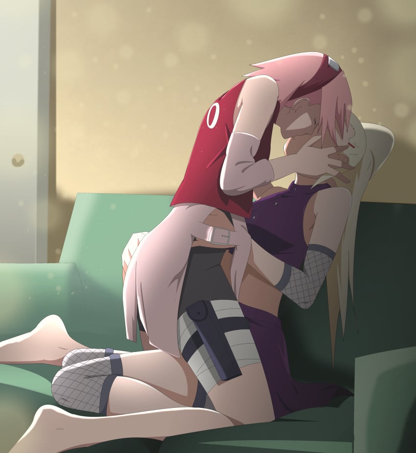2girls barefoot before_sex bike_shorts blonde_hair blush closed_eyes elbow_pads eyeless_female feet female female/female female_only gloves groping indoors ino_yamanaka kissing living_room long_hair midriff multiple_girls naruto naruto_(series) naruto_shippuden no_eyes optimystic pink_hair ponytail rivals romantic romantic_couple sakura_haruno shirt side_view sideboob sitting sitting_on_lap sitting_on_person skirt sleeveless sleeveless_shirt straddling tied_hair undressing very_long_hair yuri