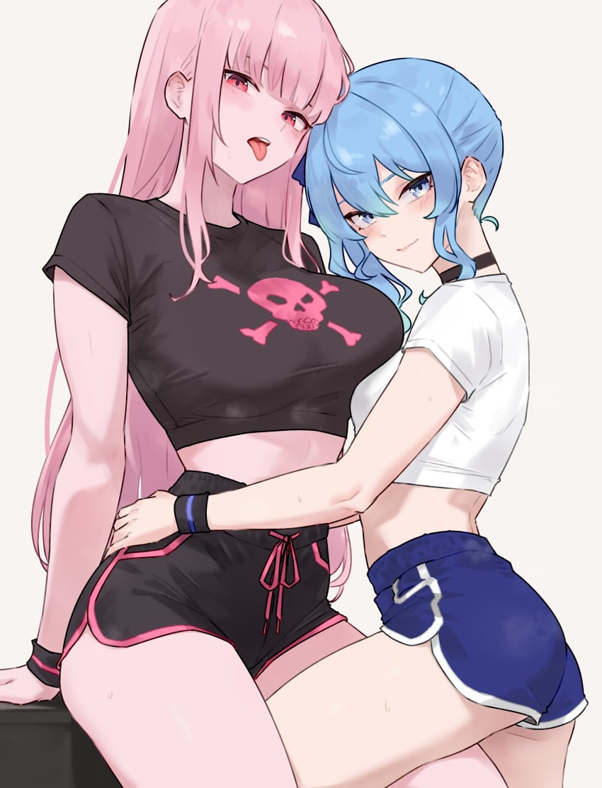 2girls ass belly big_breasts blue_eyes blue_hair bluefield breasts dolphin_shorts female hololive hololive_english hololive_gen_0 hololive_japan hololive_myth hoshimachi_suisei hug looking_at_viewer mori_calliope pink_hair red_eyes shirt shorts small_breasts t-shirt thighs tongue tongue_out virtual_youtuber