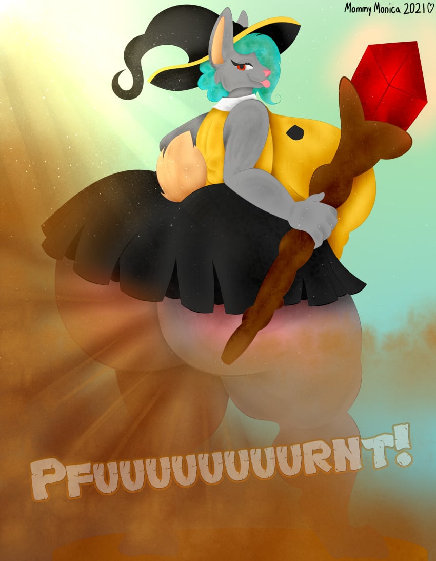 2021 absurd_res anthro ass baconbasket big_breasts big_butt blue_hair breasts canid canine canis clothed clothing digital_drawing_(artwork) digital_media_(artwork) digital_painting_(artwork) domestic_dog english_text fart fart_cloud fart_fetish farting_at_viewer female gem hair harry_potter hat headgear headwear herding_dog hi_res huge_breasts huge_butt hybrid light lighting line_art magic magic_staff magic_user mammal monica_(baconbasket) overweight overweight_anthro overweight_female pastoral_dog shaded signature simple_background smaller_version_at_source smile soft_shading solo text thick_thighs watermark welsh_corgi witch_hat wolf