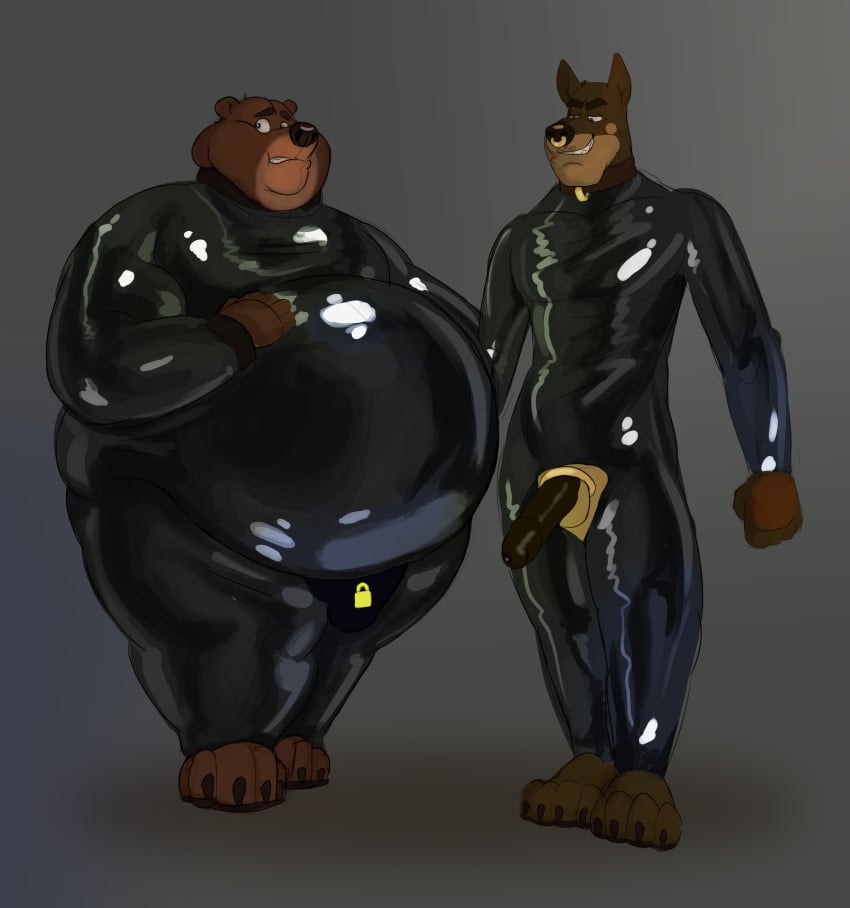 2boys absurd_res accessory anthro big_bulge bodysuit bulge canid canine canis chastity_bulge chastity_device chubby clothing cock_ring collar dewlap_(anatomy) dobermann domestic_dog double_chin duo embarrassed facial_piercing fat foreskin furry genitals grin hi_res jewelry latex latex_bodysuit looking_at_another looking_away male male/male male_only mammal nose_piercing obese overweight overweight_male paws penis penis_accessory penis_jewelry piercing pinscher rubber rubber_clothing rubber_suit shiny shiny_latex size_difference smile tcw_(artist) ursid weight_difference