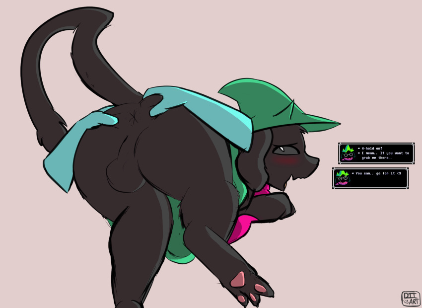 anthro anus ass balls black_body black_fur blush bovid caprine clothing deltarune disembodied_hand dttart duo english_text fur genitals goat grab_the_butt hat headgear headwear hi_res male male_only mammal nervous paws raised_tail ralsei robe scarf solo solo_focus spreading text undertale_(series) video_games wizard_hat