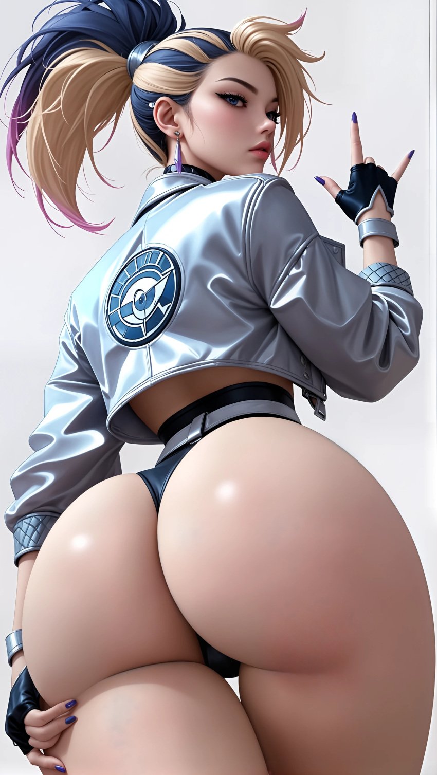 1girls ai_generated akali ass ass_focus below_view big_ass big_butt child_bearing_hips curvaceous curvaceous_ass curvy curvy_ass dat_ass female fingerless_gloves from_behind huge_ass huge_butt jacket k/da_akali k/da_series large_ass league_of_legends looking_at_viewer narrow_waist pov riot_games sexually_suggestive simple_background sky4maleja thick_ass thick_thighs waifu