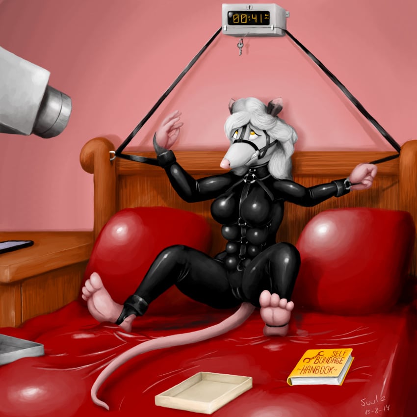 1:1 2017 8_breasts anthro bed biped black_rubber_suit bodysuit bondage book bound breasts camera clothing didelphid female furniture gag gagged hair hi_res key mammal marsupial multi_breast pink_nose rubber rubber_clothing rubber_suit self-bondage sitting_on_bed solo submissive submissive_anthro submissive_female suule timer white_hair