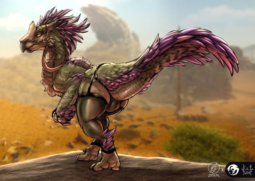 2025 biped bipedal_feral bridle camel_toe clothing detailed_background digital_media_(artwork) feathered_scalie feathers female feral full-length_portrait garter_belt garter_straps genitals hi_res kaiparrit legwear lingerie looking_at_viewer mostly_nude multicolored_body multicolored_feathers o-ring outside panties portrait pussy scalie seikret solo standing stockings tail thick_tail thigh_highs underwear zock_feather