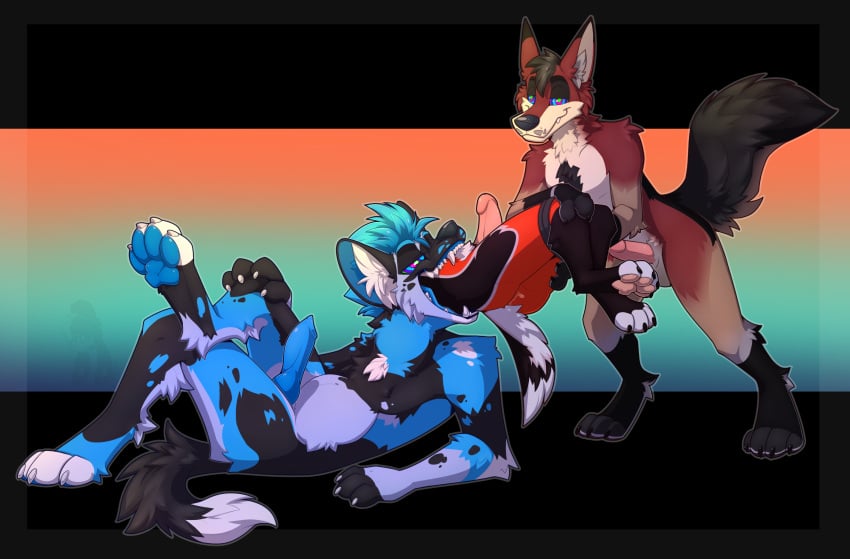 anthro balls bound canid canine canis erection feeding fox genitals group hi_res hypnosis male male/male male_pred male_prey mammal mind_control oral_vore penis radar_(thetwfz) swallowing tongue tongue_out trio vore wolf yiffy1234