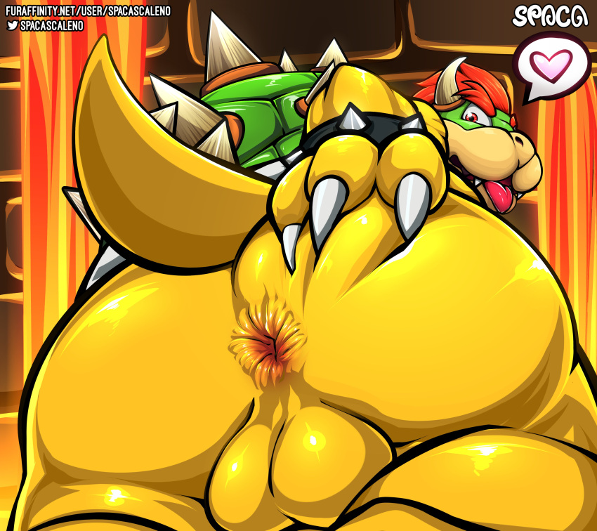 1boy absurd_res anthro anus ass backsack balls bara big_butt bowser bracelet claws genitals hand_on_butt hand_on_own_butt heart heart_reaction hi_res holding_butt horn indoors jewelry koopa lava looking_at_viewer looking_back low-angle_view male male_only mario_(series) nintendo perineum presenting presenting_hindquarters raised_tail rear_view red_eyes scalie shell solo spaca speech_bubble spiked_bracelet spikes spoken_heart spread_anus spread_butt spreading super_mario_bros. tail testicles text tongue tongue_out video_games worm's-eye_view yellow_body yellow_skin