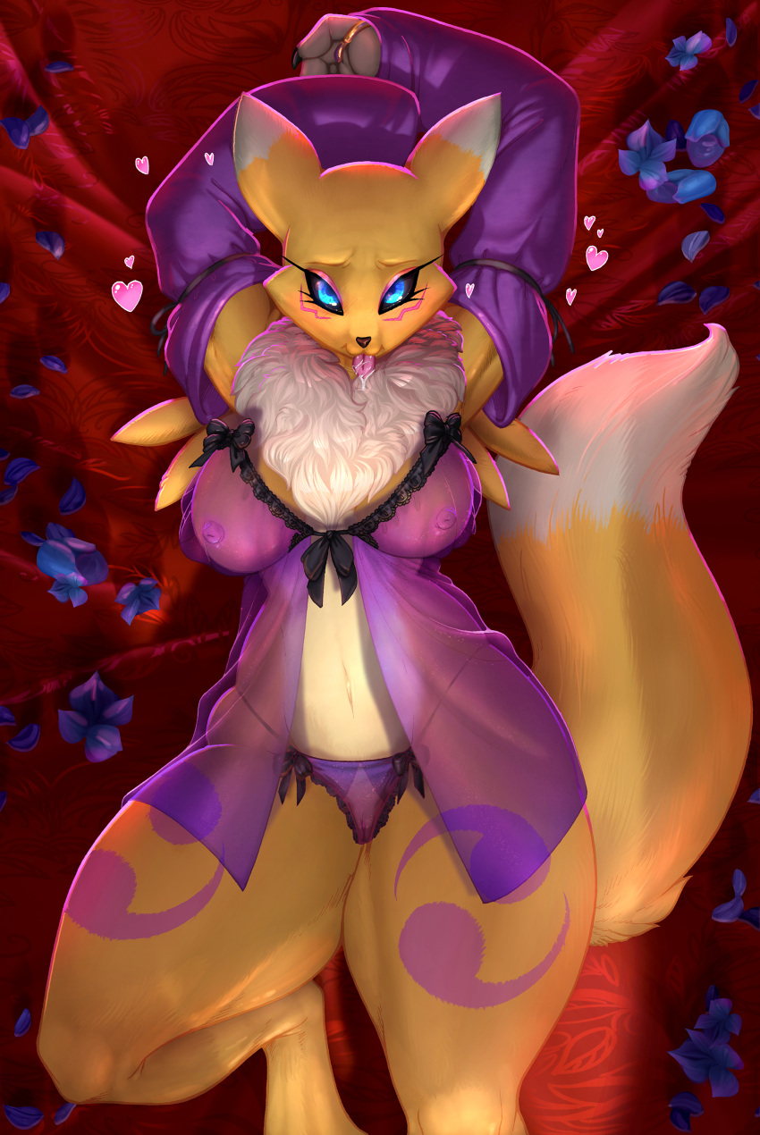 2021 absurd_res anthro armwear bandai_namco big_breasts black_nose black_sclera blue_eyes bodily_fluids breasts clothed clothing color_edit colored curvaceous curvy_figure david_delanty digimon digimon_(species) digital_media_(artwork) dipstick_tail edit eyelashes female fingers fur furry genitals hands_above_head heart hi_res lingerie longinius looking_at_viewer lying markings multicolored_body multicolored_fur multicolored_tail negligee nightgown nipples on_back petals pussy renamon saliva small_waist solo tail_markings thick_thighs tongue tongue_out translucent translucent_clothing two_tone_body two_tone_fur voluptuous white_body white_fur wide_hips yellow_body yellow_fur