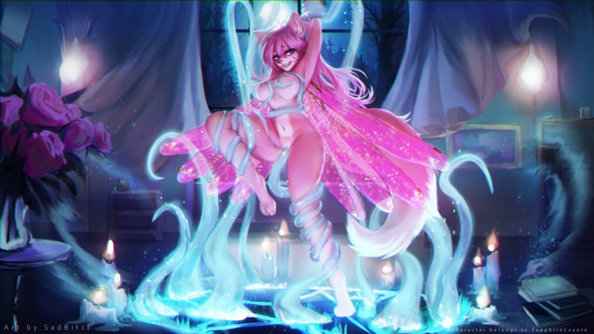 16:9 anthro black_nose canid canine consentacles female fluffy fluffy_tail fur hair long_hair long_tail mammal nipples penetration pentagram pink_body pink_fur pink_hair pink_nipples sadbitch solo summoning summoning_circle tentacle tentacle_penetration tentacle_sex translucent translucent_tentacles widescreen wings