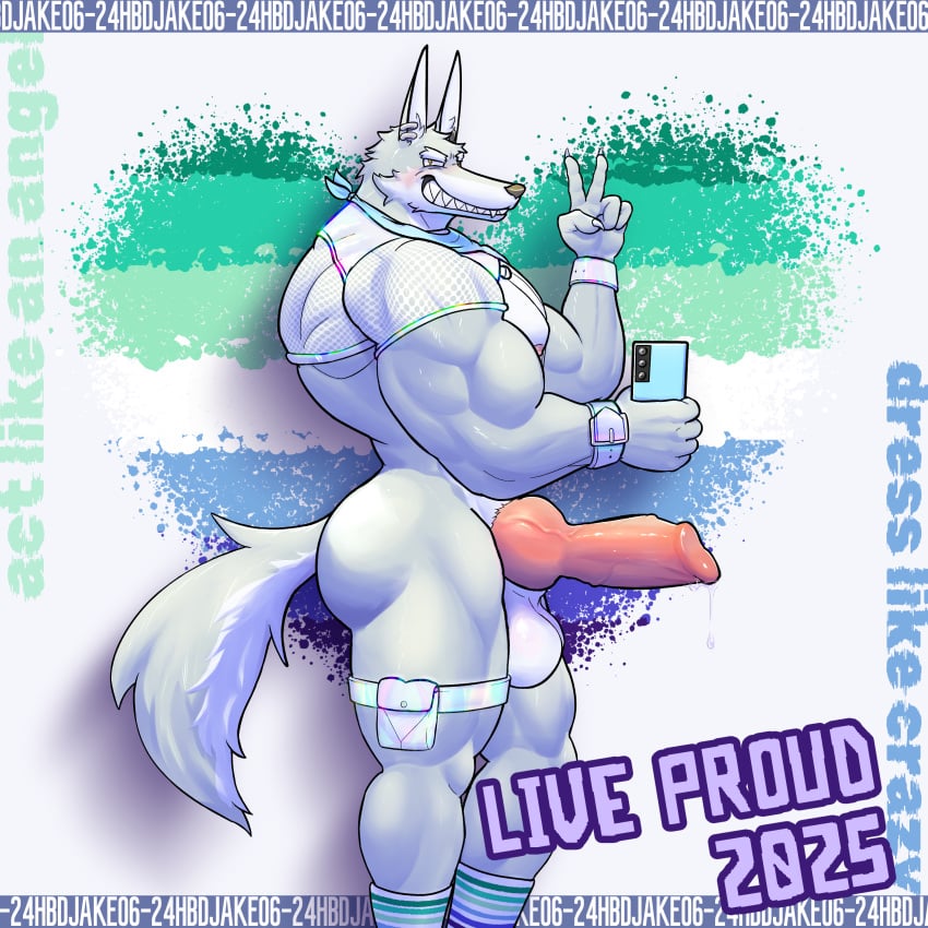 1:1 absurd_res anthro balls biceps big_balls big_knot big_penis bodily_fluids canid canine canine_penis canis clothing cuff_(restraint) dripping ear_piercing ear_ring electronics erection footwear genital_fluids genitals harness hi_res hybrid jackal jake_vilandras kerchief knot knotted_penis male mammal muscular muscular_male penis phone piercing precum precum_drip restraints ring_piercing socks solo solo_focus suspenders text thebarabandit wolf wrist_cuffs