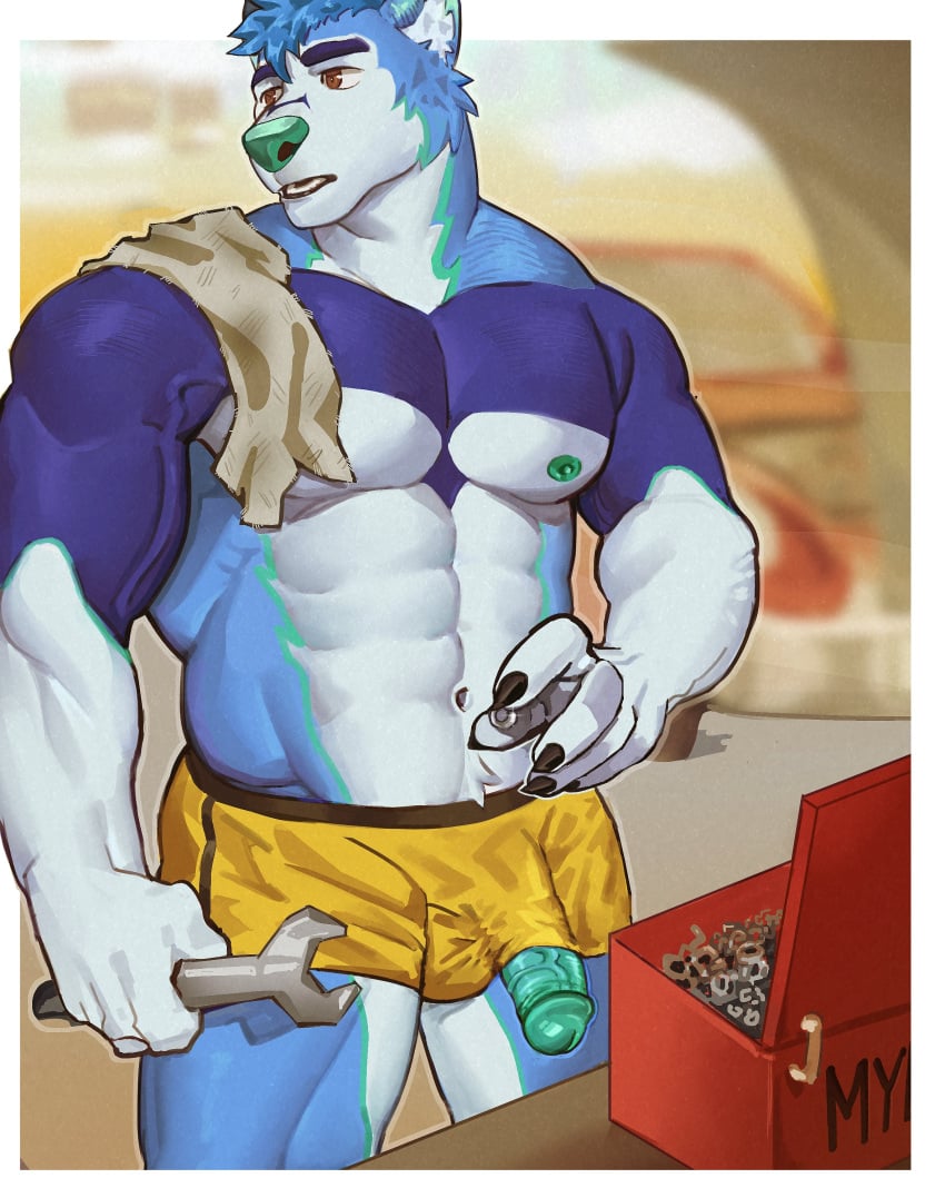 2024 abs absurd_res anthro balls_outline belly_tuft biceps blue_hair blue_penis border bottomwear brown_eyes bulge canid canine canis clothed clothing deltoids detailed_bulge erection facial_tuft forearm_muscles front_view genital_outline genitals hair hi_res hotpants looking_aside male mammal manly maruikito mechanic milwolfmylo muscular muscular_legs muscular_thighs navel nipples nut_(hardware) pecs penis penis_poking_out shorts shorts_only solo standing toolbox tools topless triceps tuft turquoise_nipples turquoise_nose vein veiny_muscles veiny_penis white_border wolf wrench